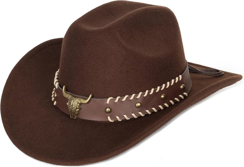 Eohak Womens Western Cowboy Hats Studded Pinched Western Cowgirl Hats Wide Brim Fedoras Hat with Belt Buckle (Size:Medium) - Image 1